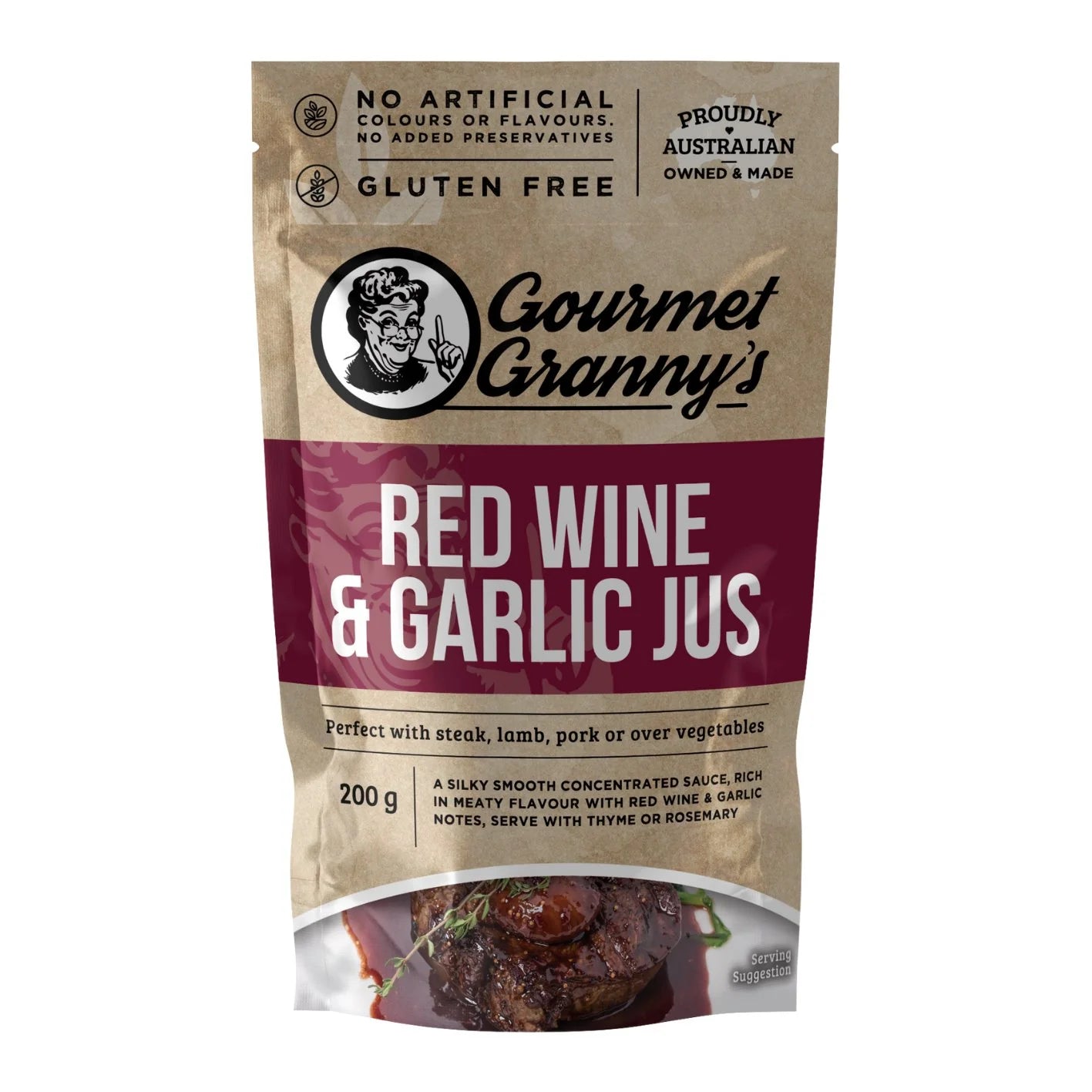 GOURMET GRANNY LIQUID RED WINE & GARLIC JUS 200G