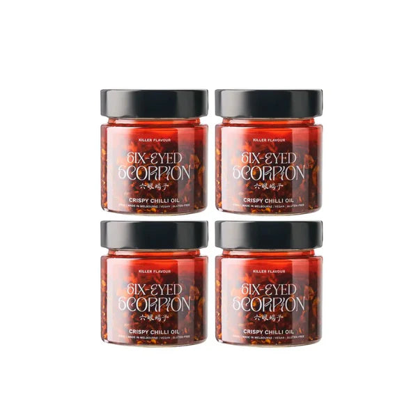 Six-Eyed Scorpion Crispy Chilli Oil 212 ml – 4-Pack Original Gourmet Spice Jar
